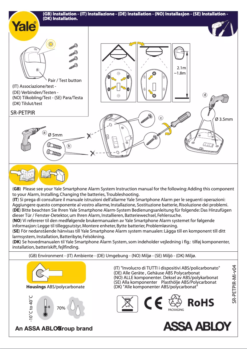 Page 1 de la notice Manuel utilisateur Yale SR-A100-3PET