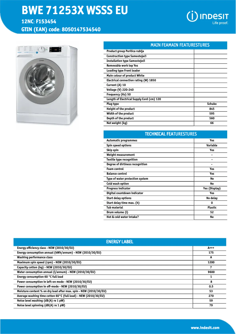 Image de la première page du manuel de l'appareil BWE 71253X WSSS EU