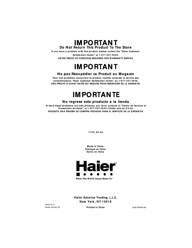 Page 1 de la notice Manuel utilisateur Haier HRF08WNDWW
