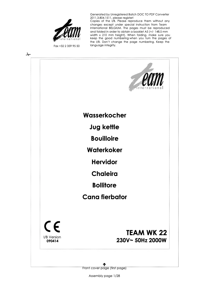 Page 1 de la notice Manuel utilisateur Team WK 22