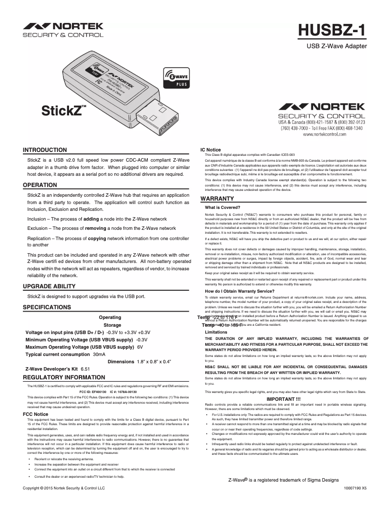 Página 1 del manual Manual de usuario Nortek HUSBZ-1