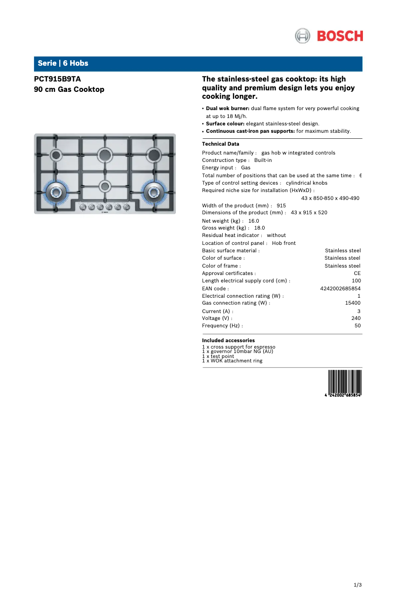 Page 1 de la notice Fiche technique Bosch PCT915B9TA