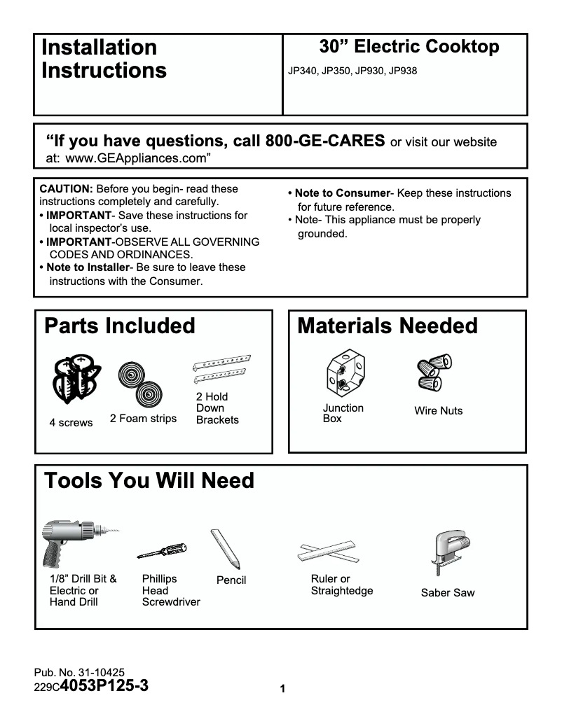 Page n°1 - Guide d'installation GE Profile Performance JP930CACC