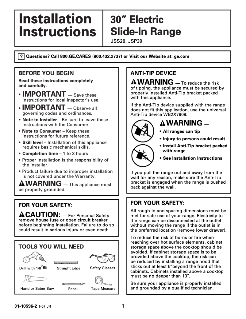 Page 1 of the manual Installation Guide GE JSP39CKCC