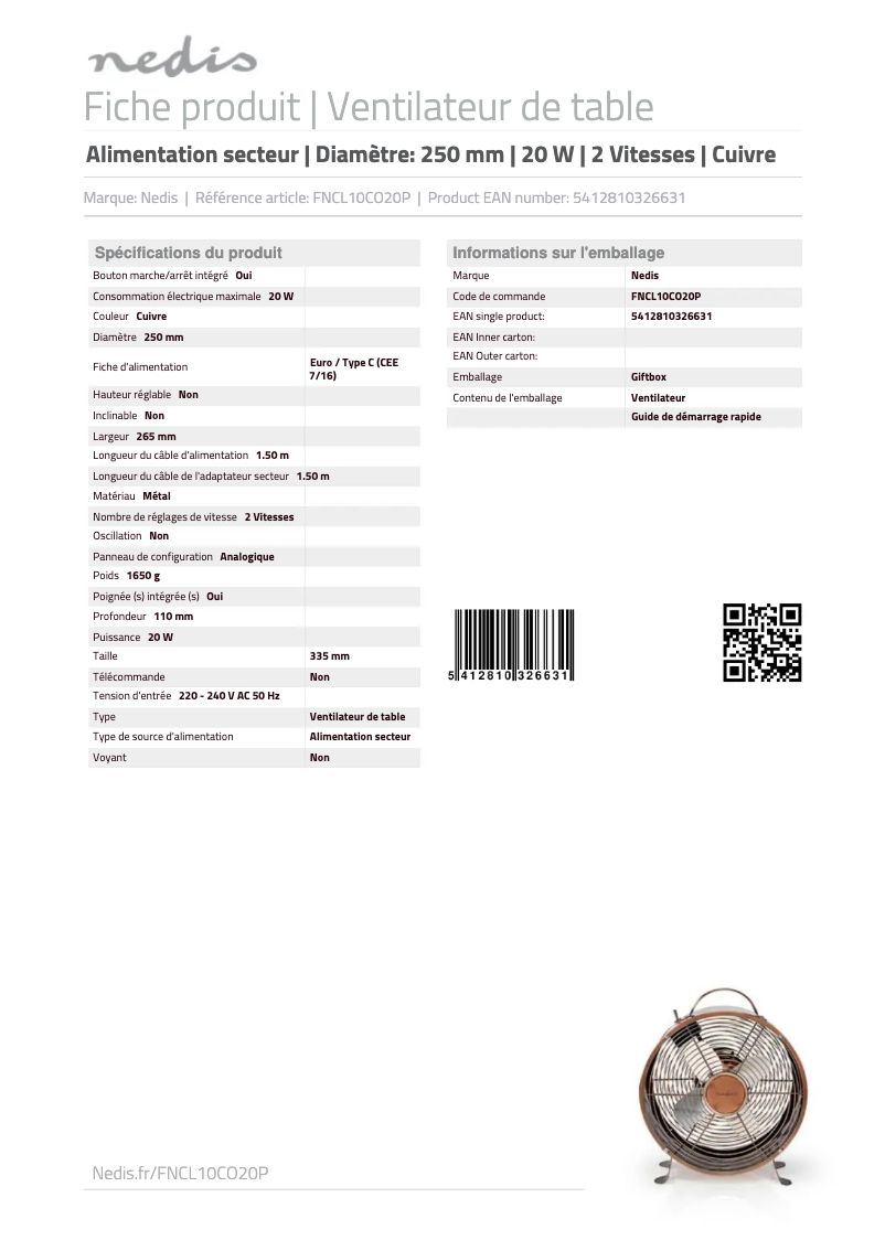 Page 1 de la notice Manuel utilisateur Nedis FNCL10CO20P