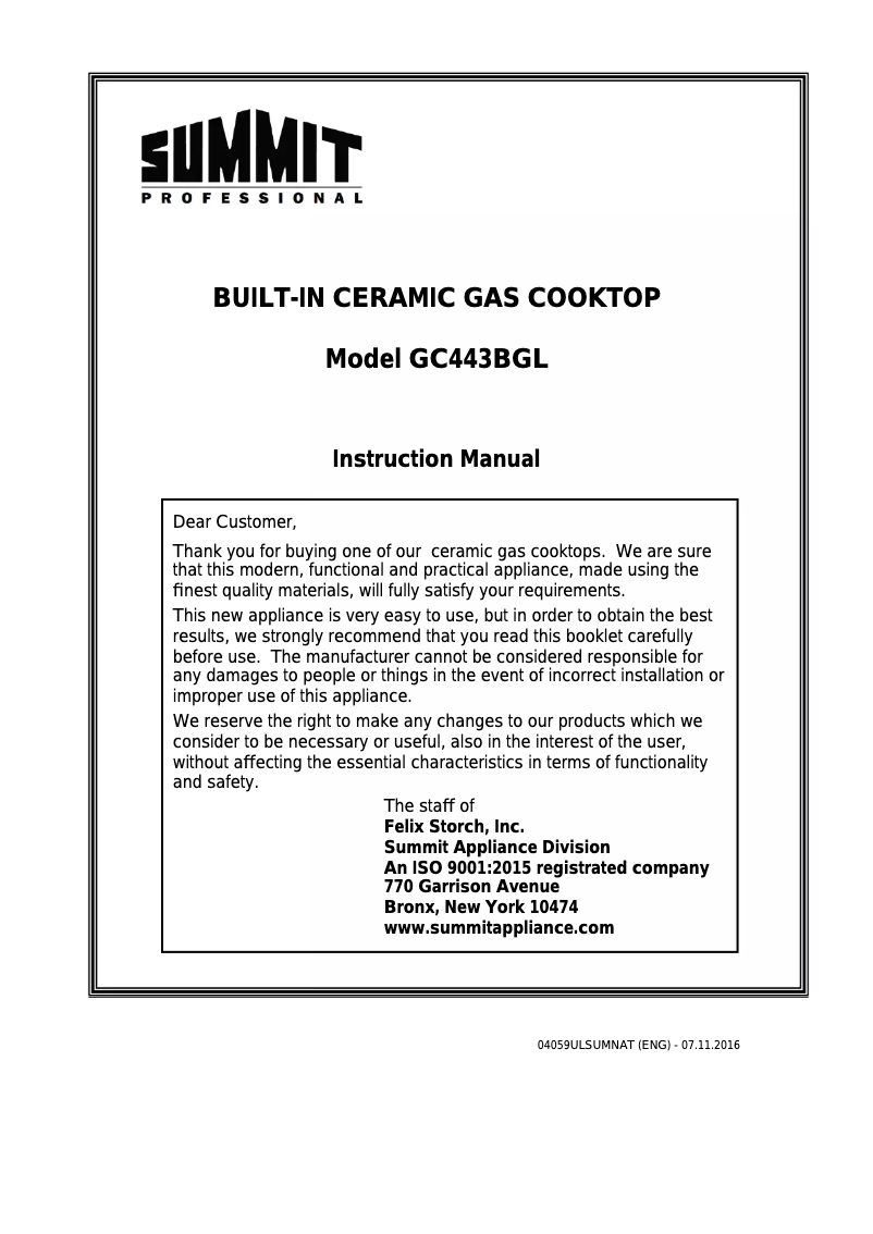 Page 1 de la notice Manuel utilisateur Summit GC443BGL