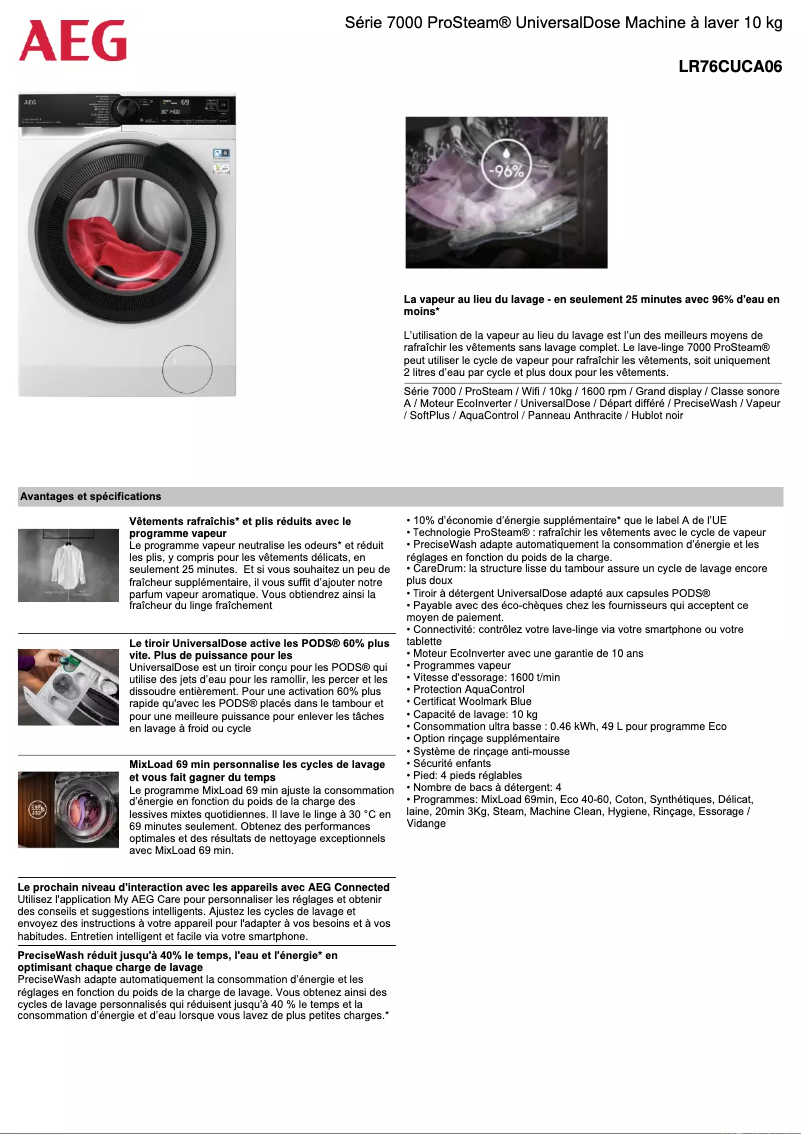 Page 1 de la notice Fiche technique AEG LR76CUCA06