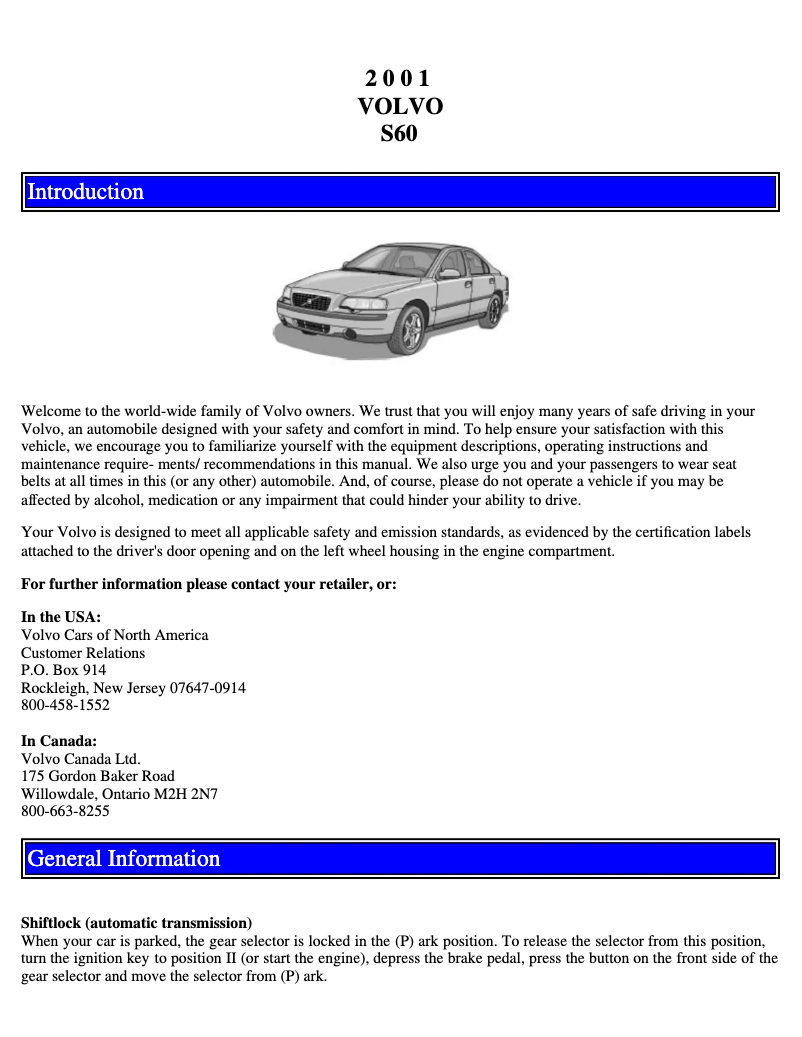 Page 1 de la notice Manuel utilisateur Volvo S60 (2001)
