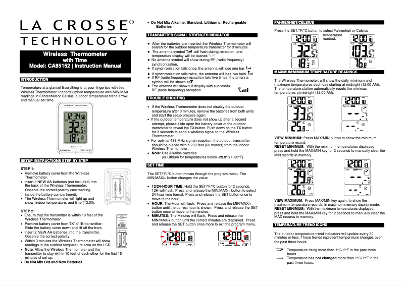 Page 1 de la notice Manuel utilisateur La Crosse Technology CA85152