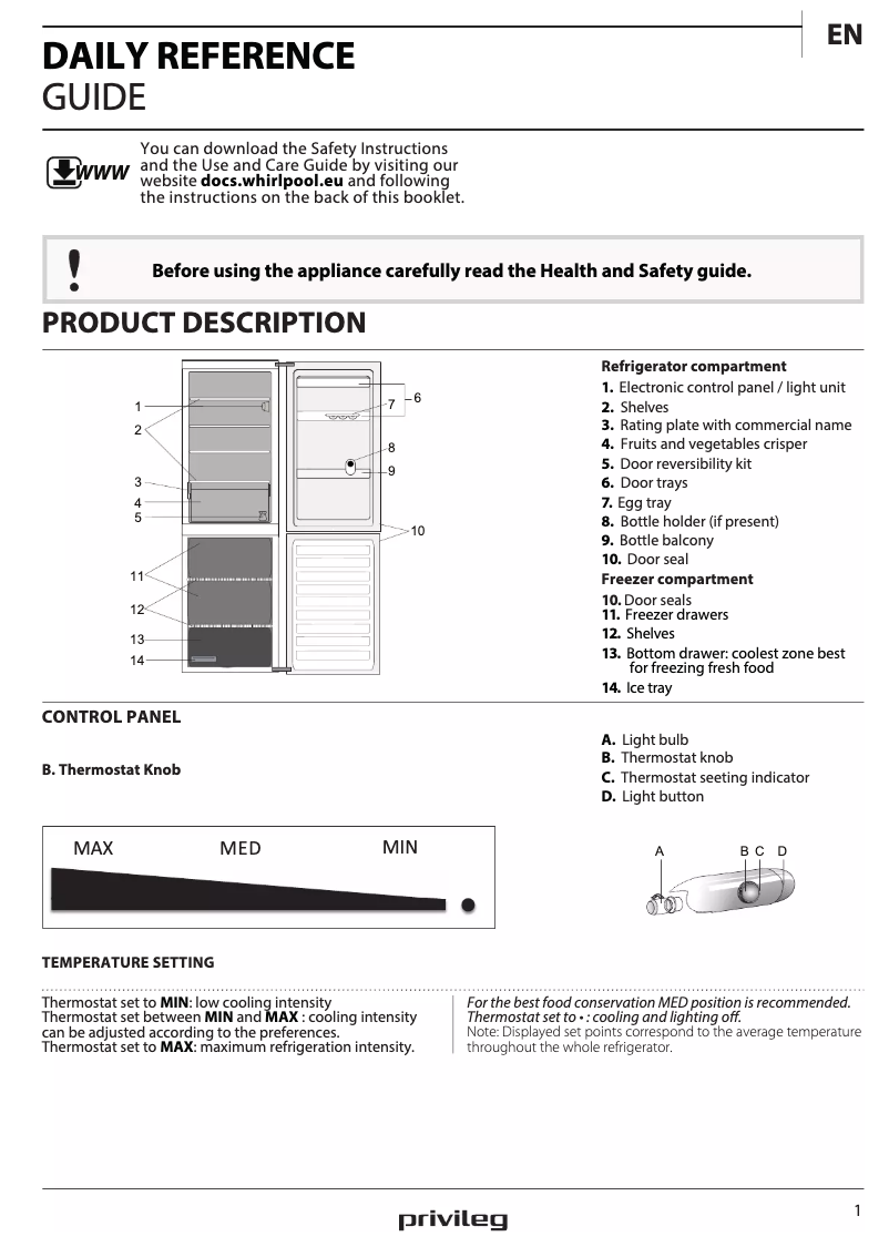 Page 1 de la notice Manuel utilisateur Privileg PRB 376S A++