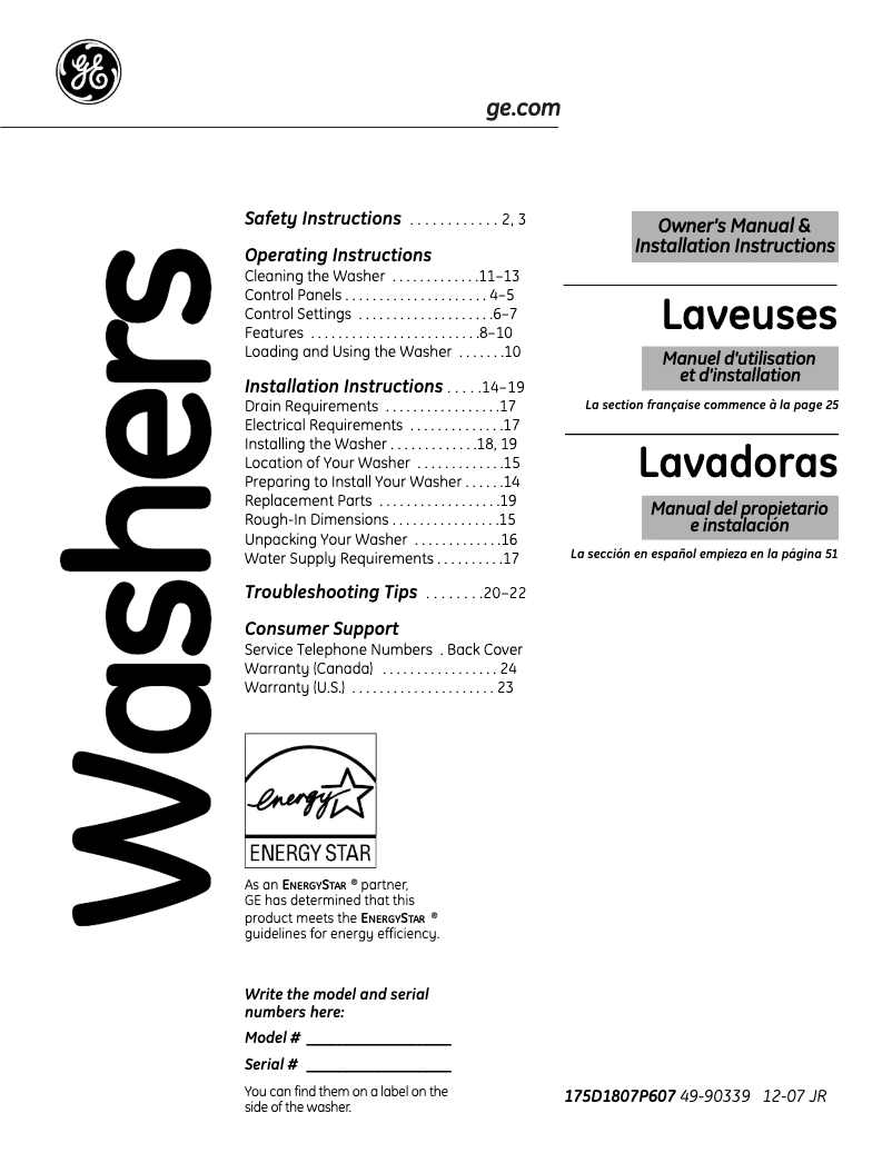 Page 1 de la notice Manuel utilisateur GE WCVH6800JMS