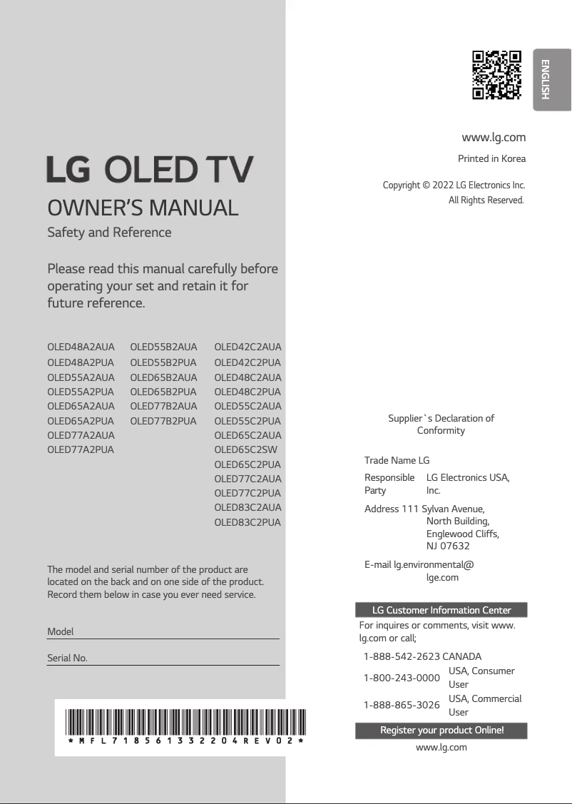 Page 1 de la notice Manuel utilisateur LG OLED65A2PUA