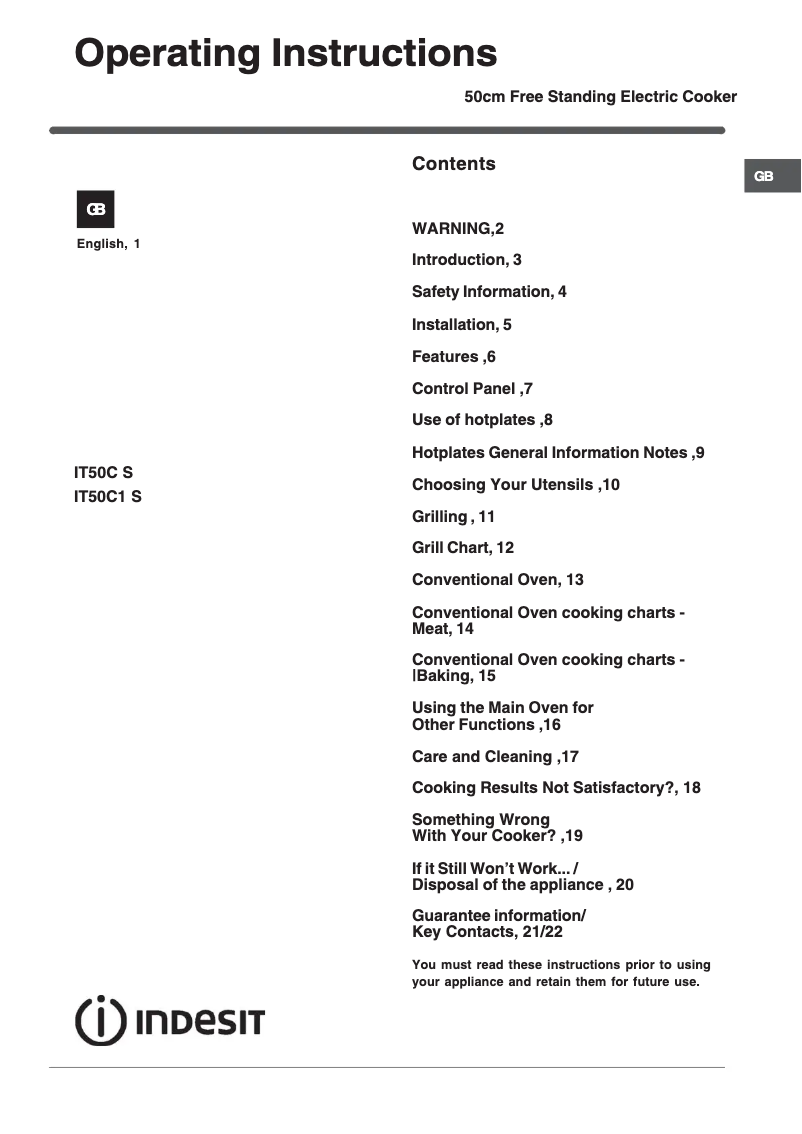 Page 1 de la notice Mode d'emploi Indesit IT50CW S