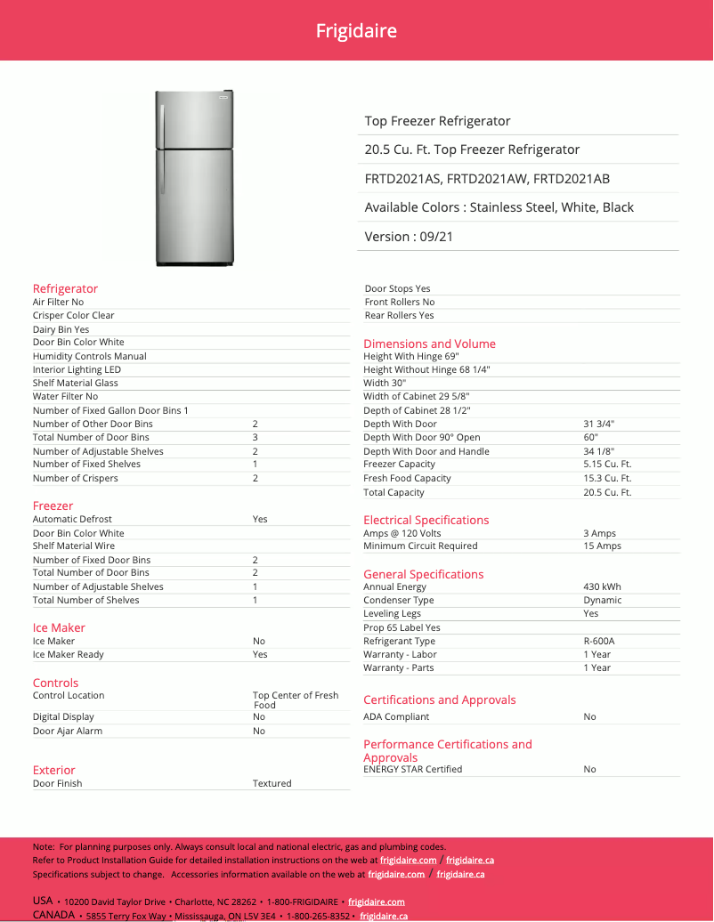 Page 1 de la notice Fiche technique Frigidaire FRTD2021AB
