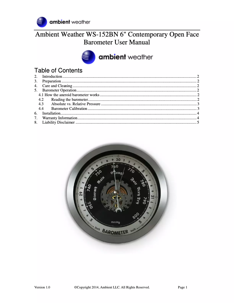 Page 1 de la notice Manuel utilisateur Ambient Weather WS-152BN
