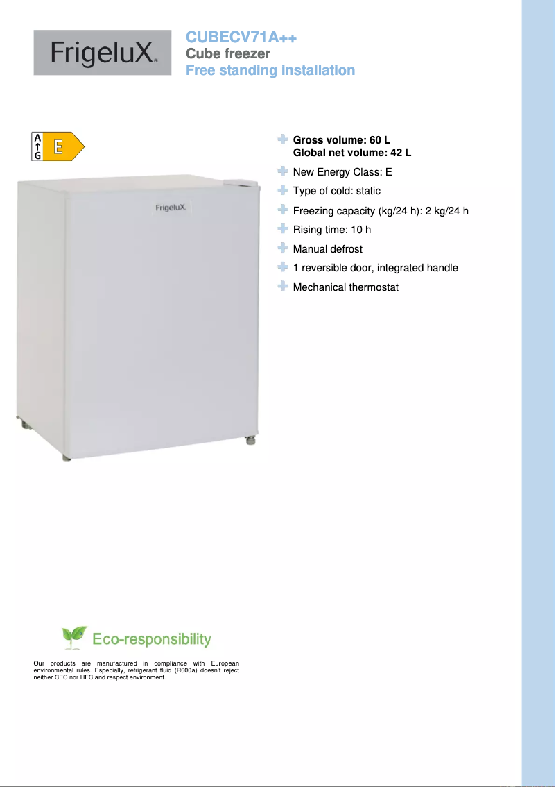 Página 1 del manual Ficha técnica FrigeluX CUBECV71A++