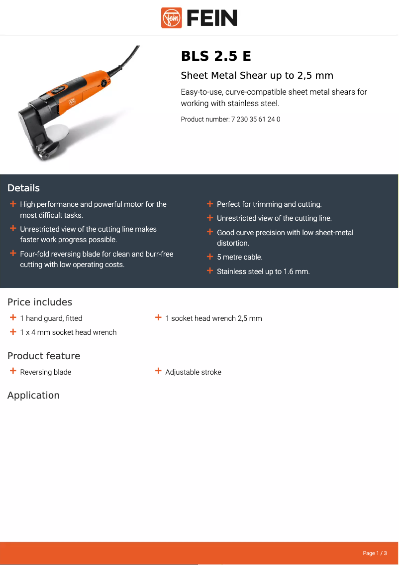 Page 1 de la notice Fiche technique Fein BLS 2.5 E