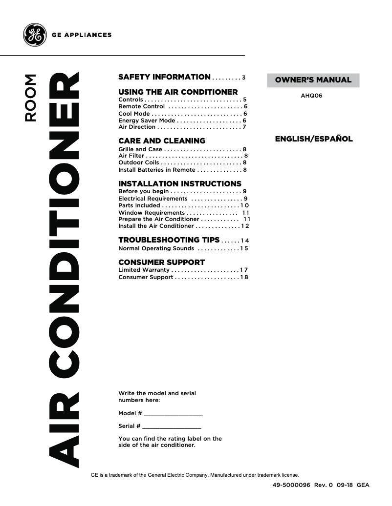 Page 1 de la notice Manuel d'utilisation et d'entretien GE AHQ06LY