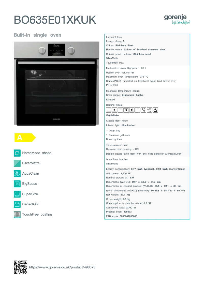 Page n°1 - Fiche technique Gorenje BO635E01XKUK