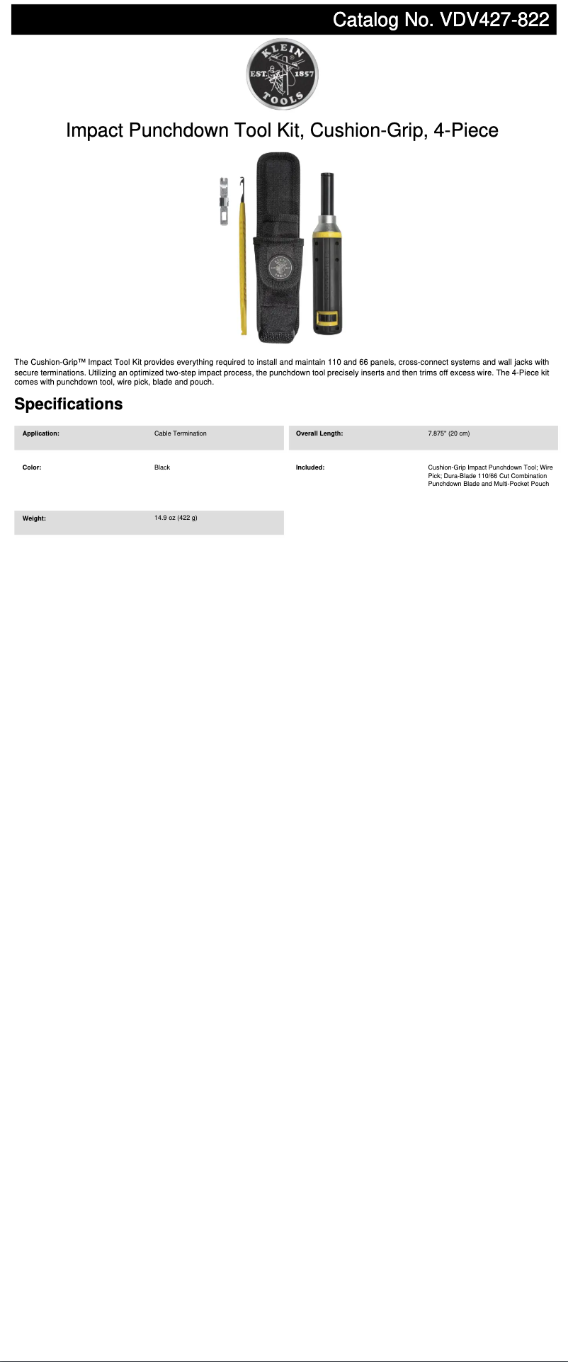 Page 1 de la notice Fiche technique Klein Tools VDV427-822