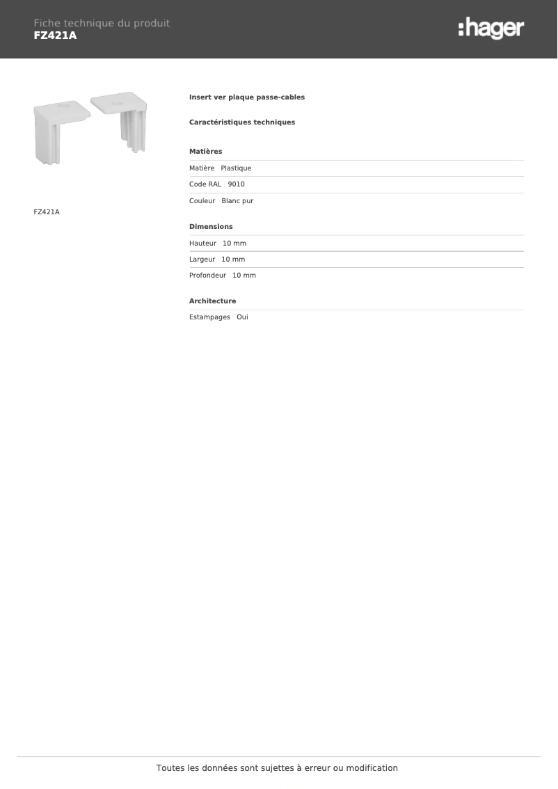 Page 1 de la notice Fiche technique Hager FZ421A
