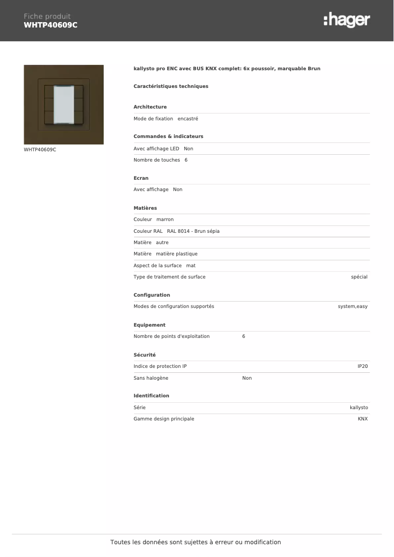 Page 1 de la notice Fiche technique Hager WHTP40609C