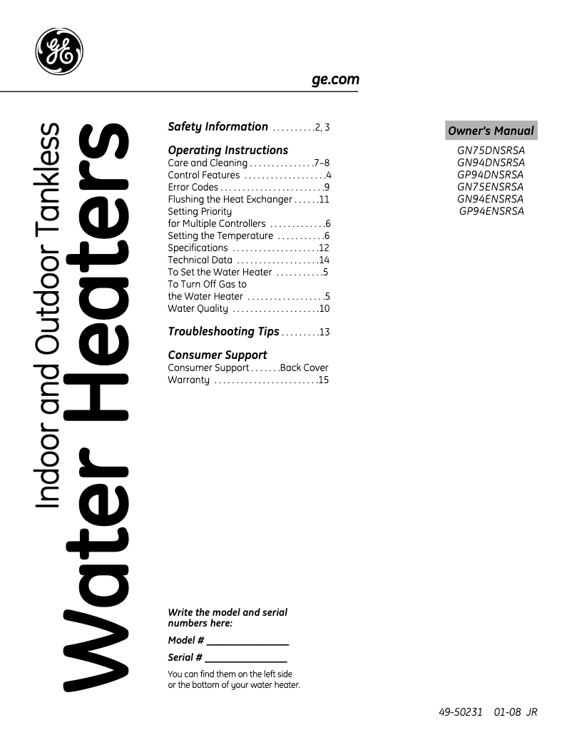 Página 1 del manual Manual de uso y mantenimiento GE GN94DNSRSA