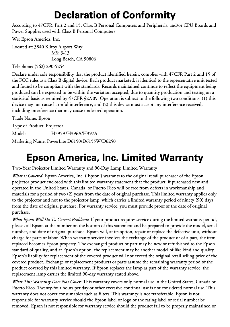 Página 1 del manual Información de garantía Epson PowerLite D6150