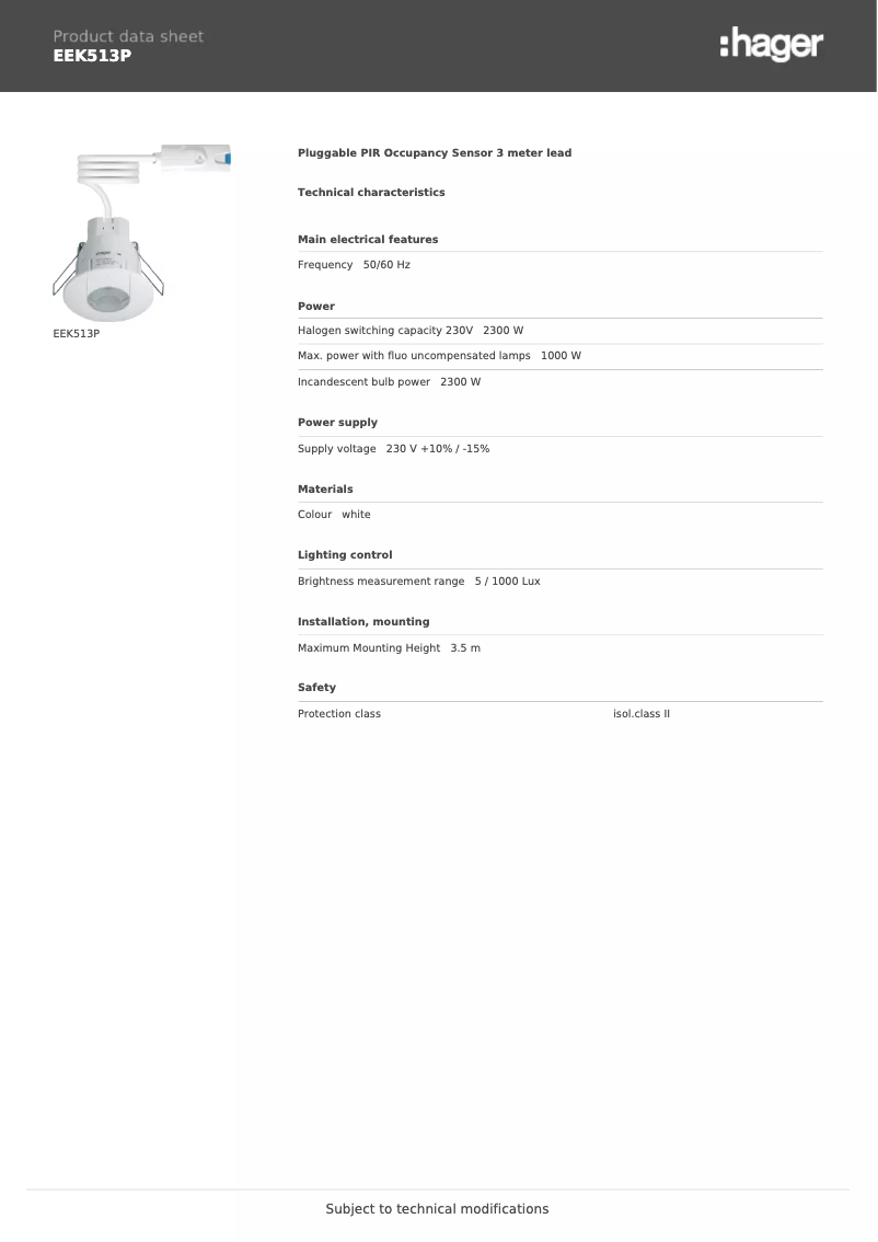 Page 1 of the manual Technical Sheet Hager EEK513P