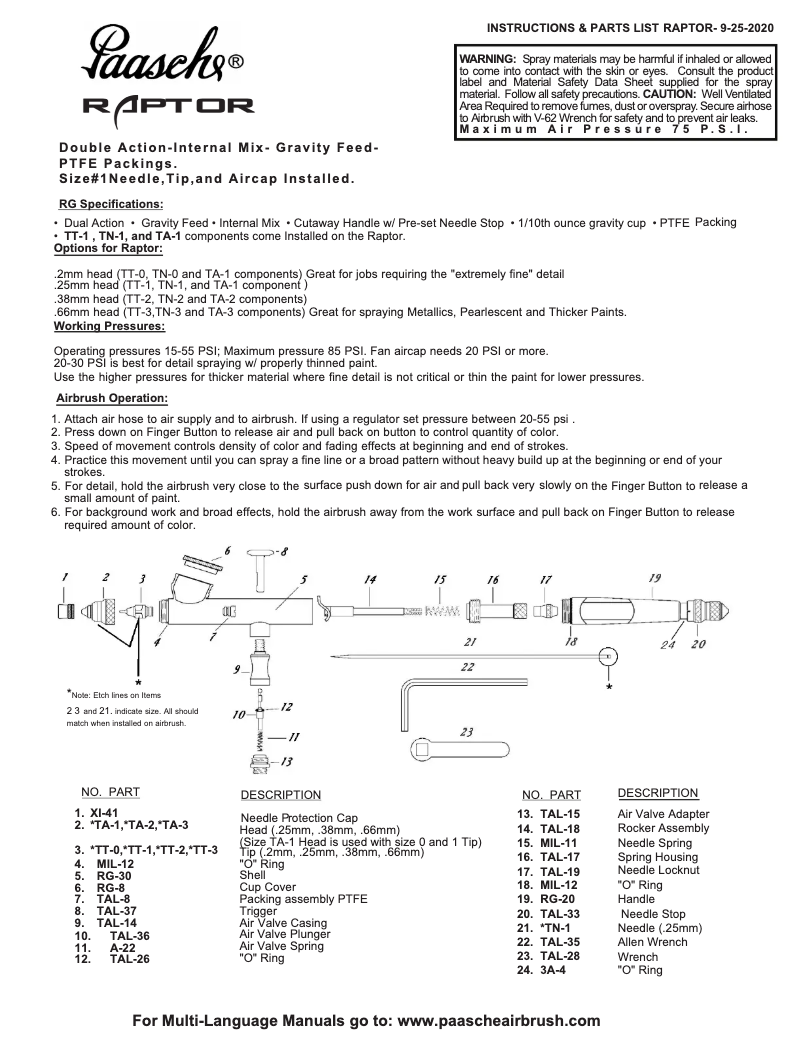 Page 1 of the manual User Manual Paasche RG-1AS
