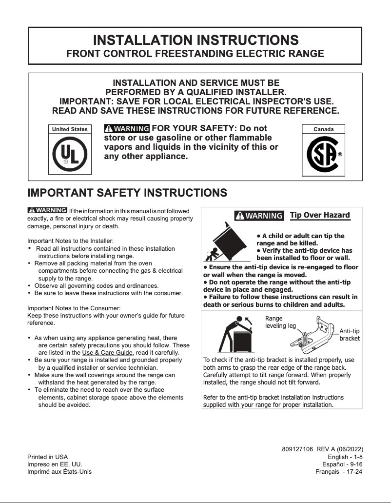 Page 1 de la notice Guide d'installation Frigidaire FCFE3083AS