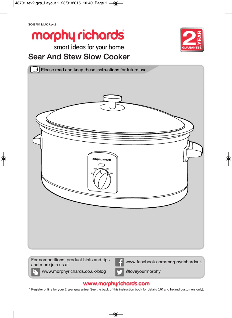 Page 1 de la notice Manuel utilisateur Morphy Richards Sear & Stew 48701