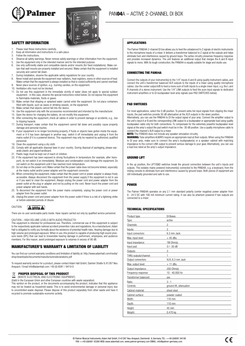 Page 1 de la notice Manuel utilisateur Palmer PAN04A
