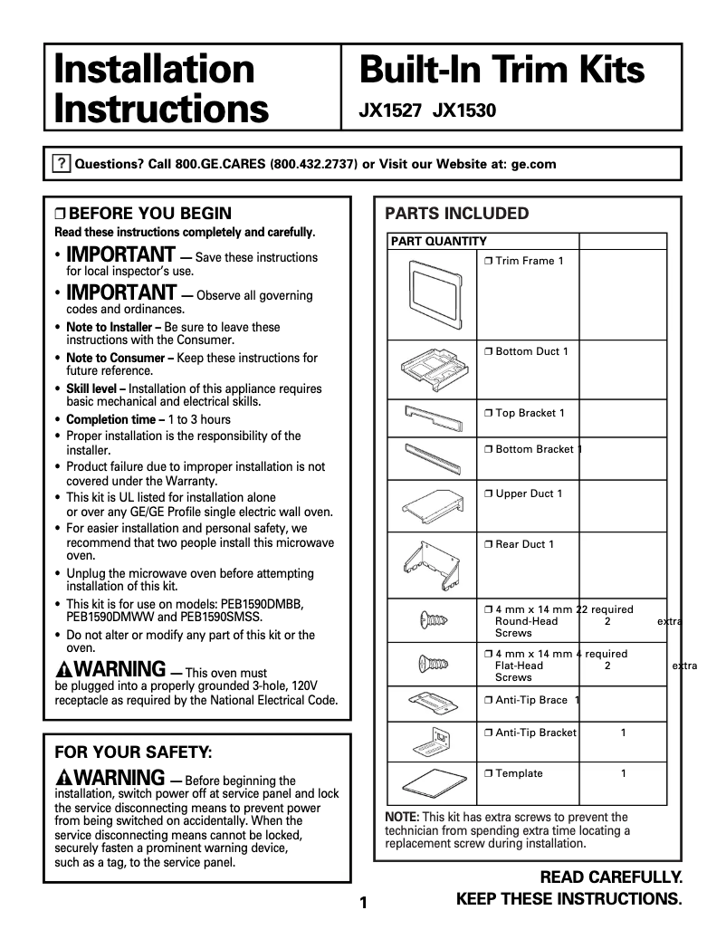 Page 1 de la notice Manuel utilisateur GE JX1530MWW