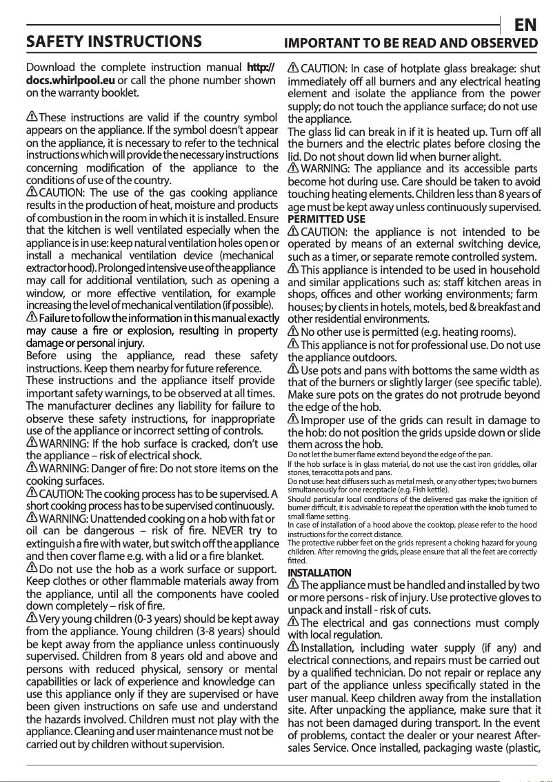 Page 1 de la notice Manuel utilisateur Whirlpool GOA 6423/WH