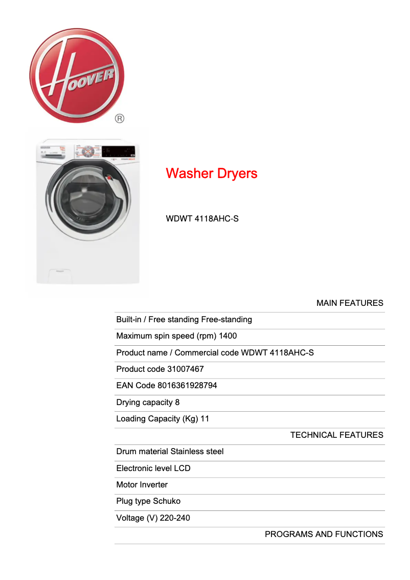 Página 1 del manual Ficha técnica Hoover WDWT 4118AHC-S