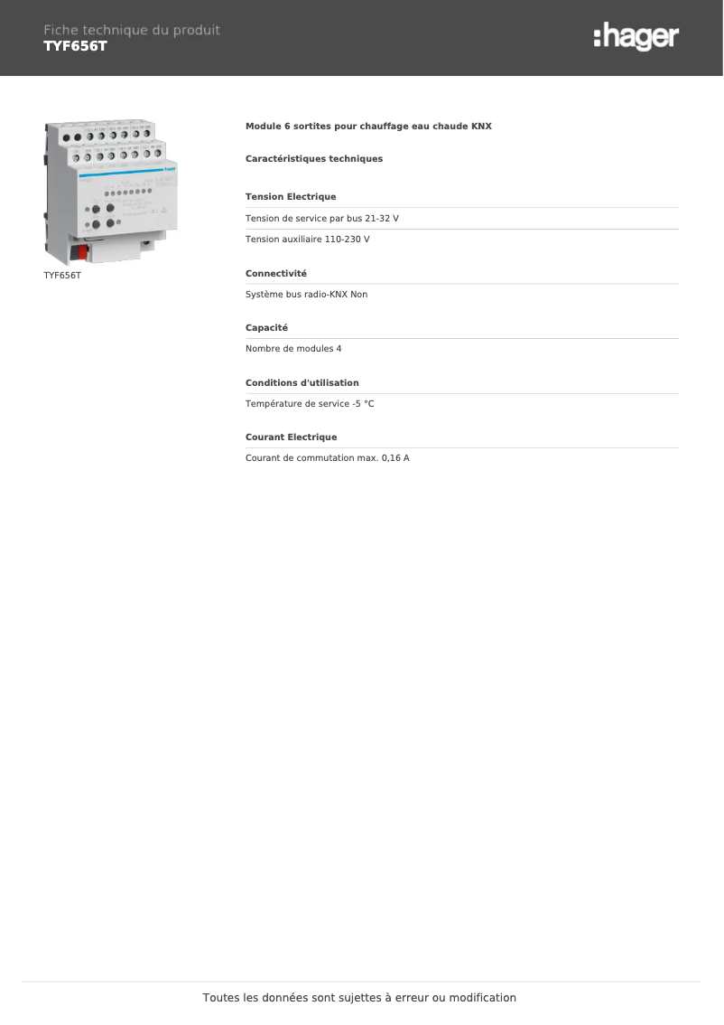 Page 1 de la notice Fiche technique Hager TYF656T