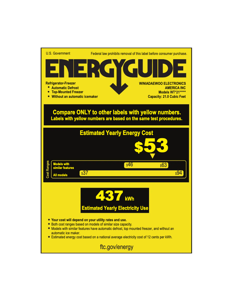 Page 1 de la notice Label énergétique Winia WTE21GSWCD