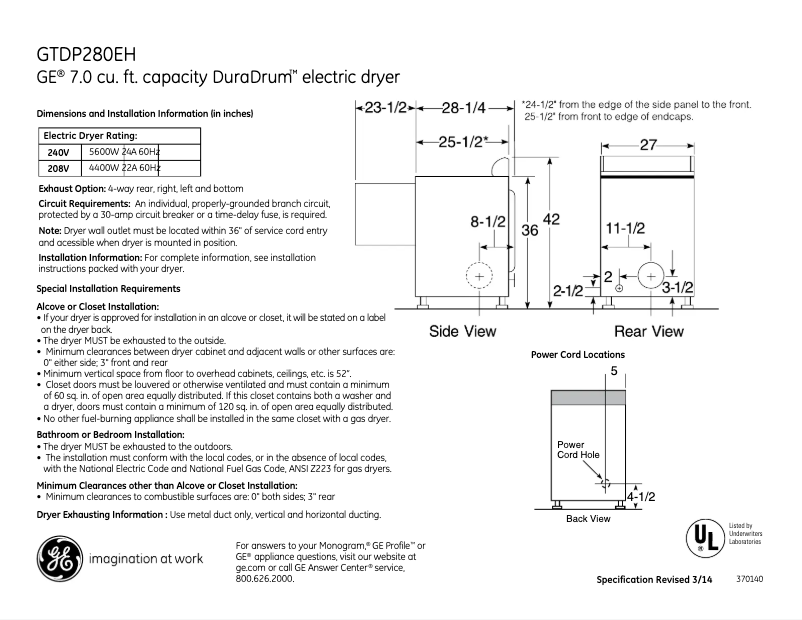 Page 1 of the manual Technical Sheet GE GTDP280EHWS