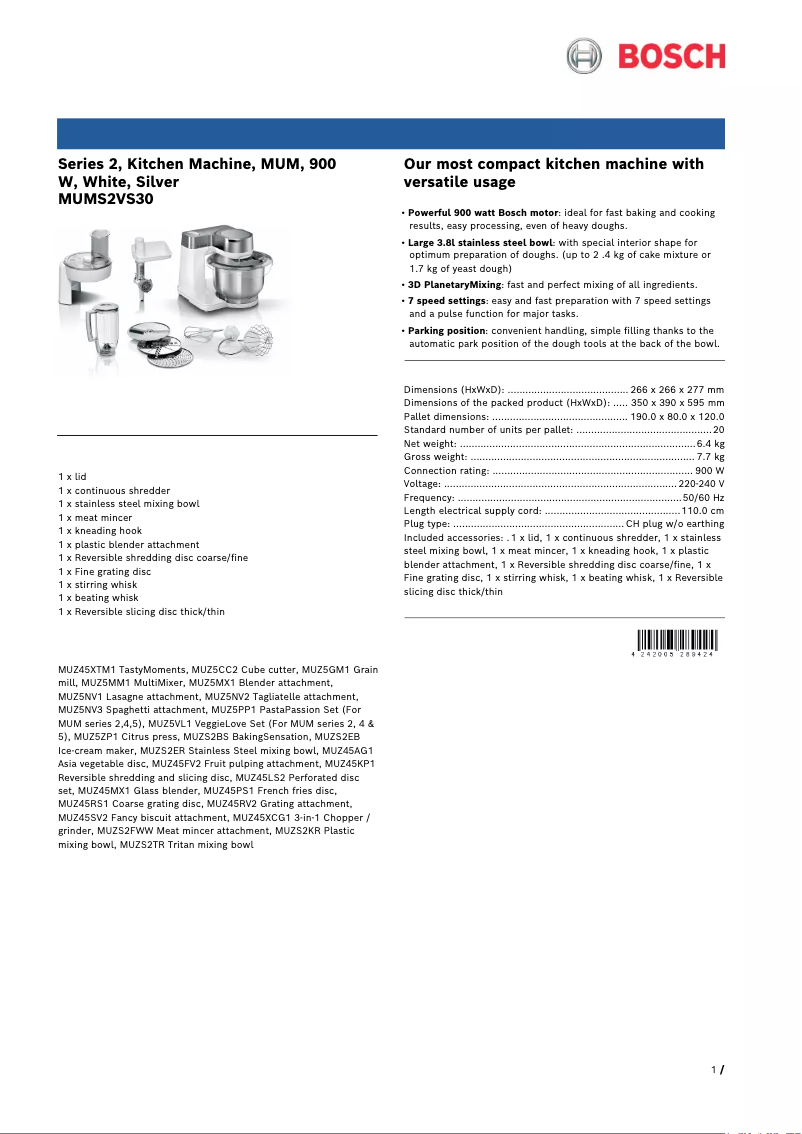 Page 1 of the manual Technical Sheet Bosch MUMS2VS30