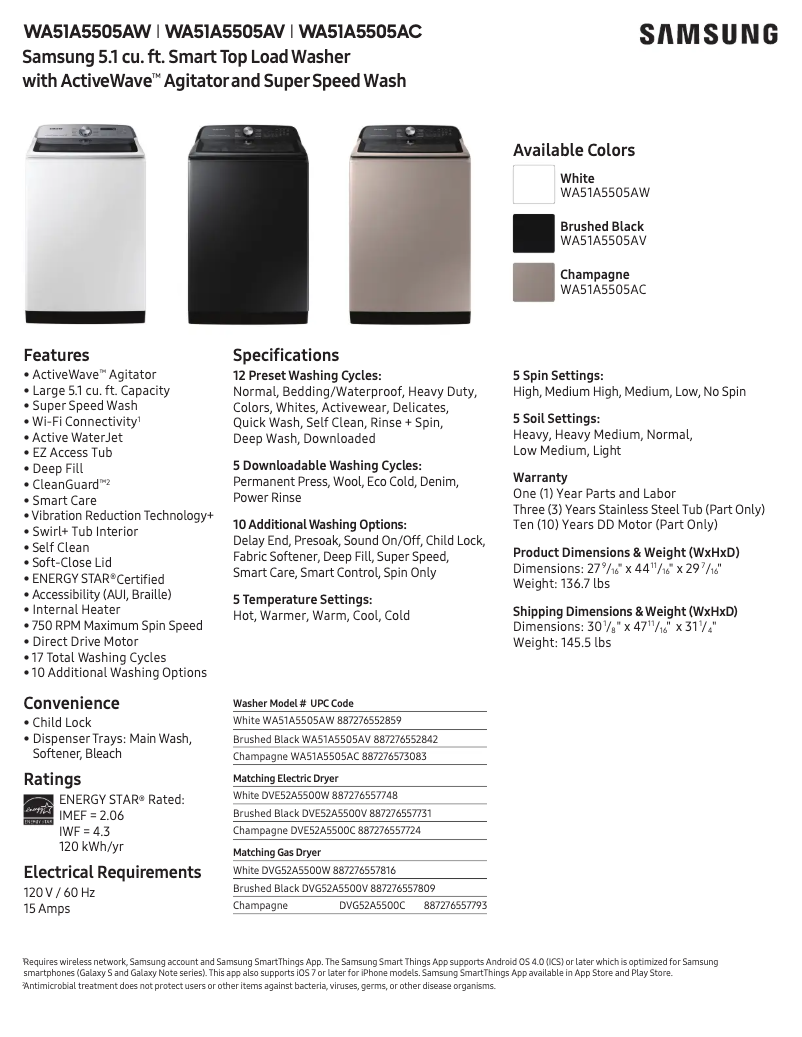 Page 1 de la notice Fiche technique Samsung WA51A5505AV