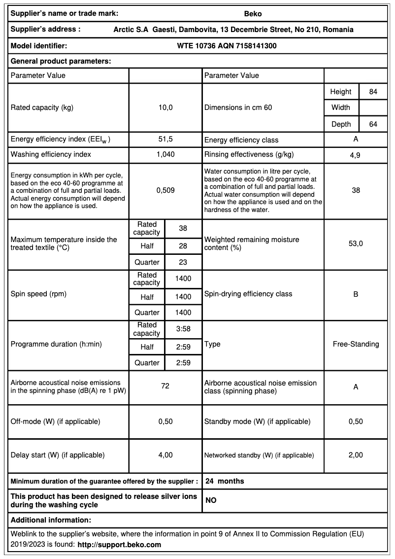 Page 1 de la notice Fiche technique Beko WTE 10736 AQN