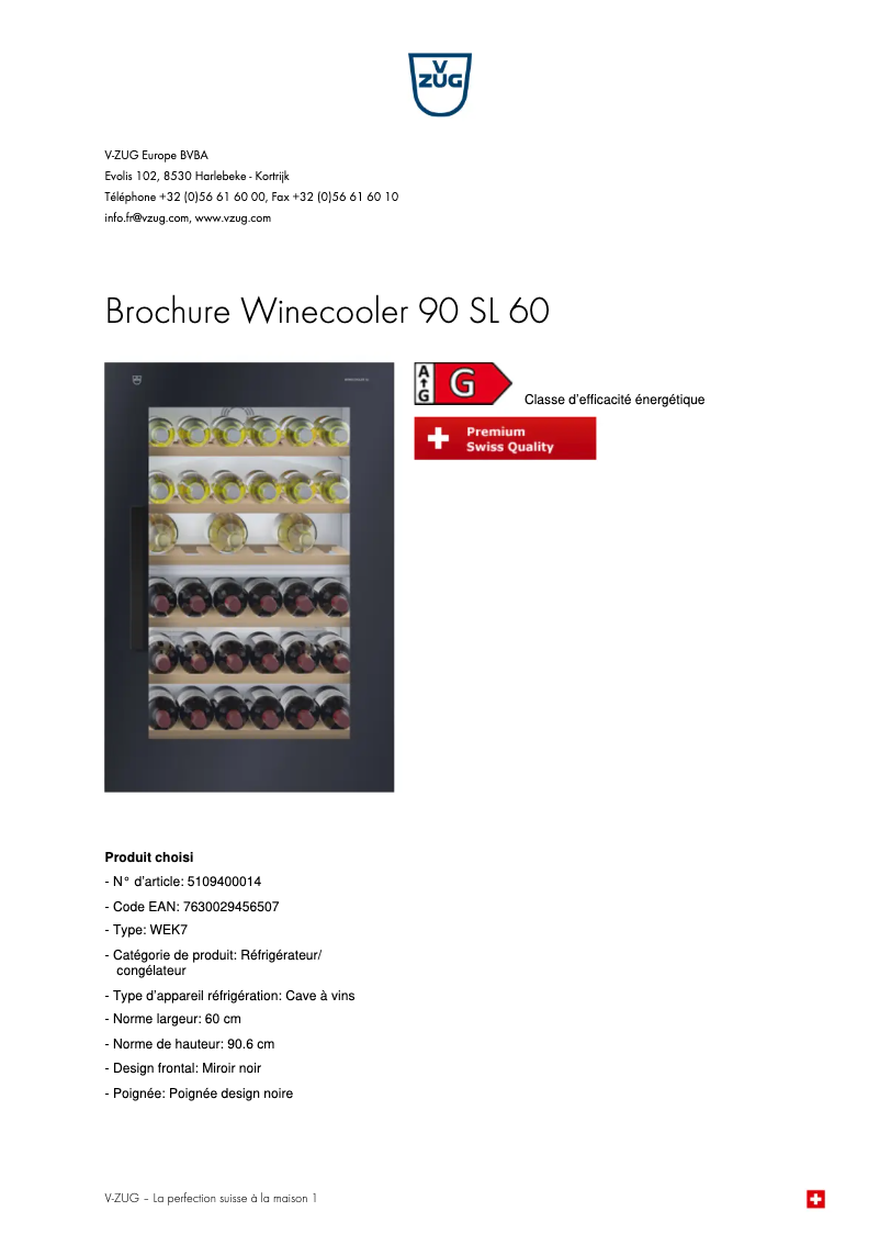Página 1 del manual Folleto V-Zug Winecooler 90 SL 60
