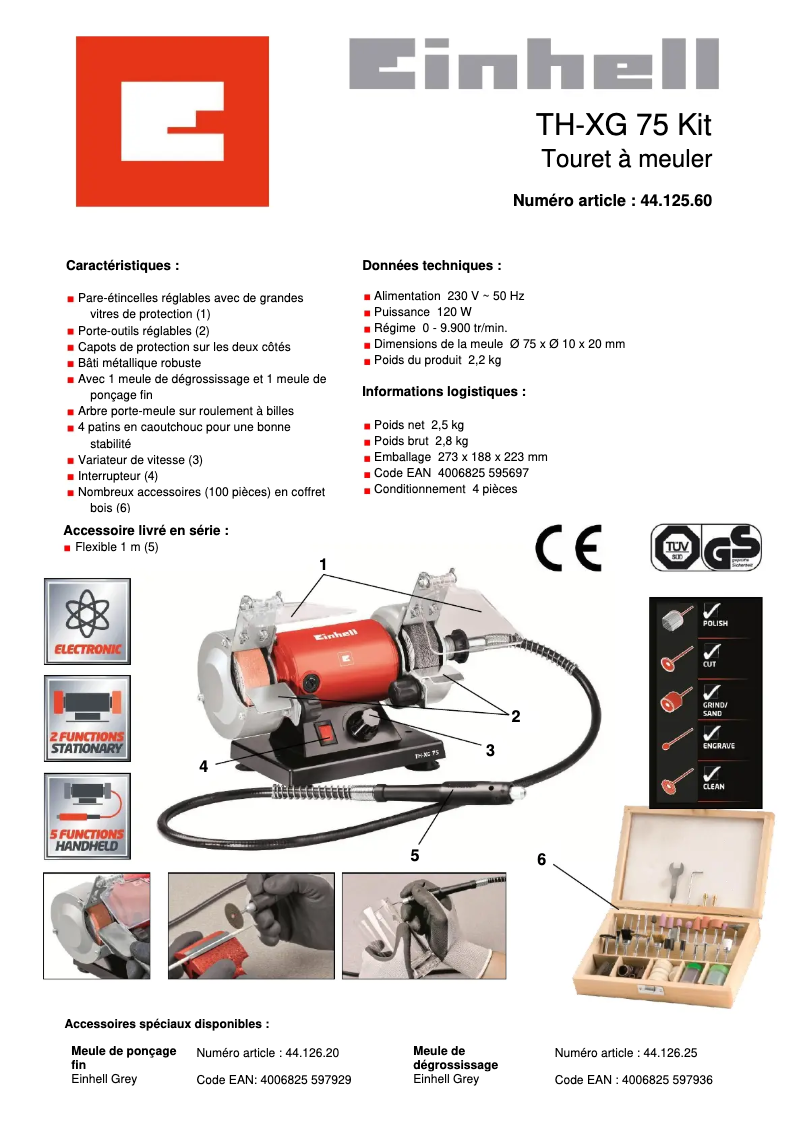 Page 1 de la notice Fiche technique Einhell TH-XG 75 Kit