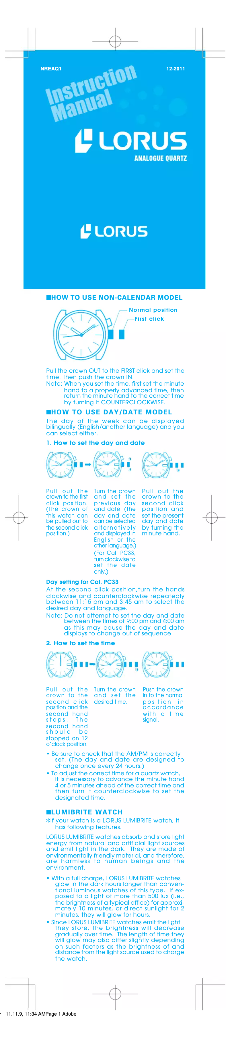 Page 1 de la notice Manuel utilisateur Lorus Classic RG209QX9