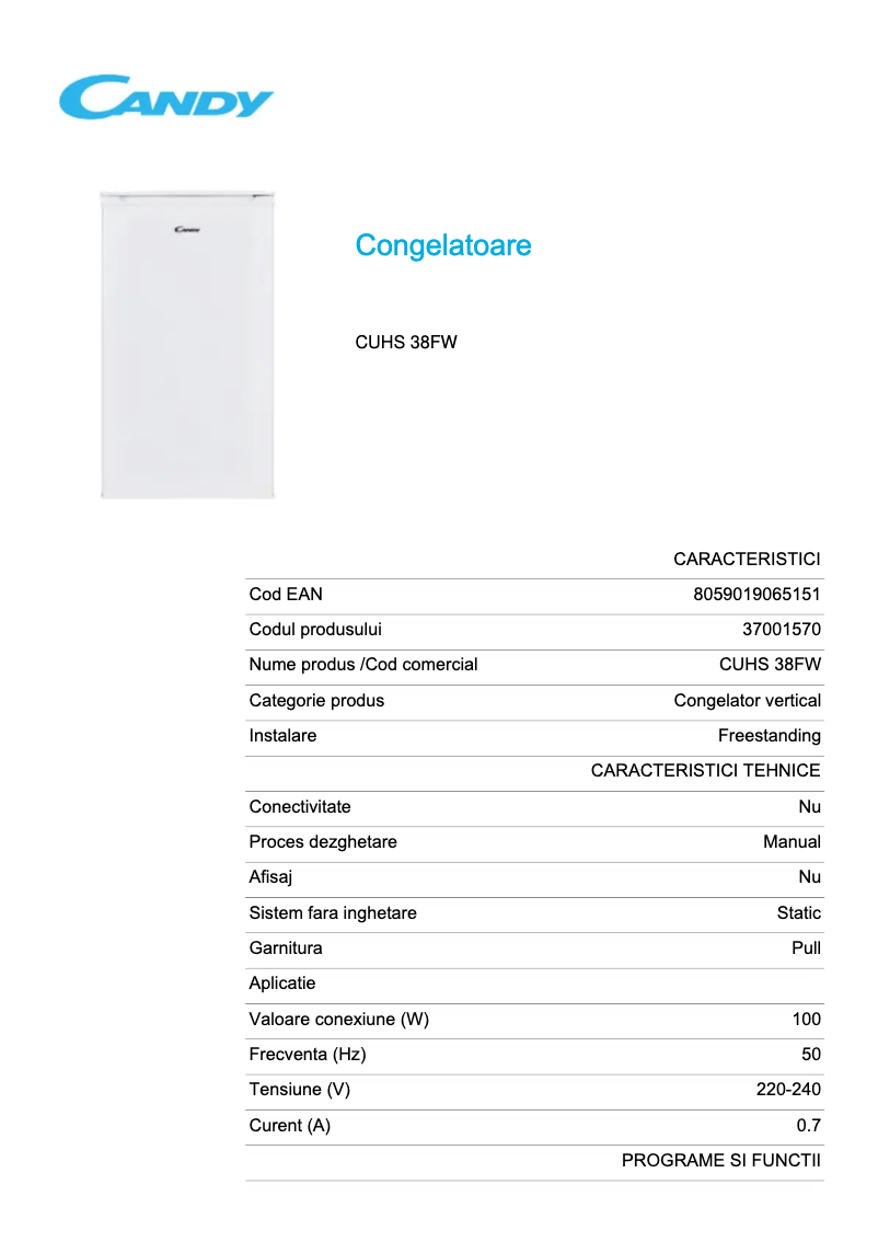 Page 1 of the manual Technical Sheet Candy CUHS 38FW