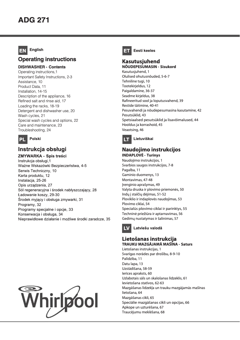 Page 1 de la notice Manuel utilisateur Whirlpool ADG 271