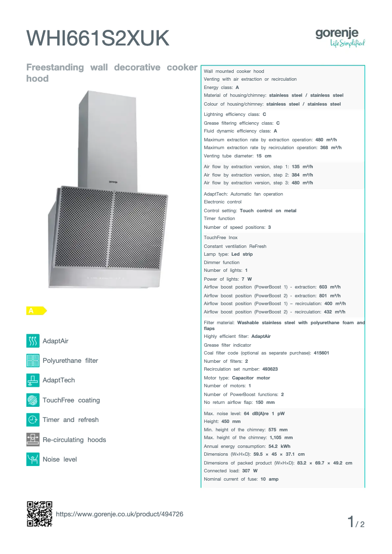 Page 1 de la notice Fiche technique Gorenje WHI661S2XUK
