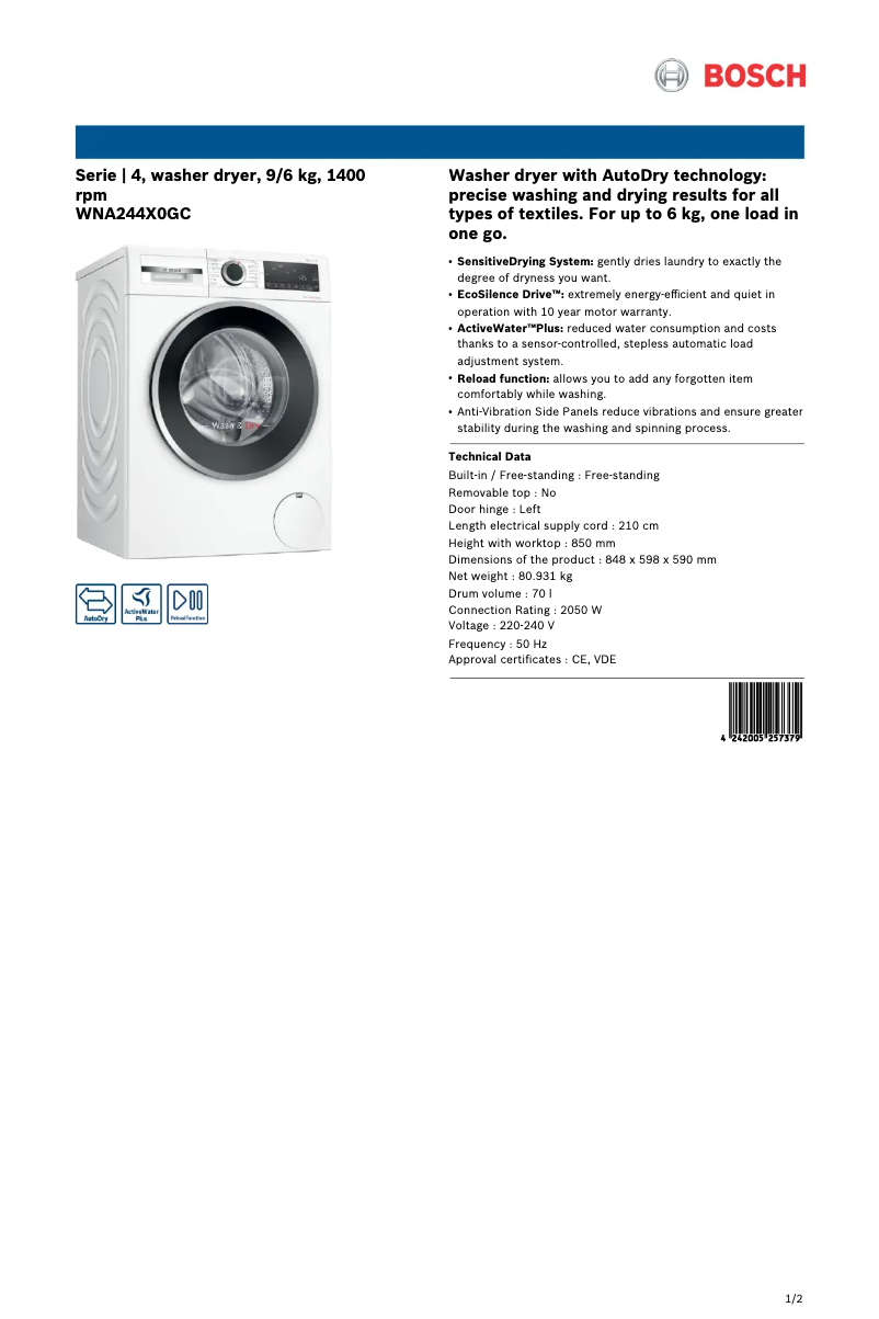 Page 1 of the manual Technical Sheet Bosch WNA244X0GC