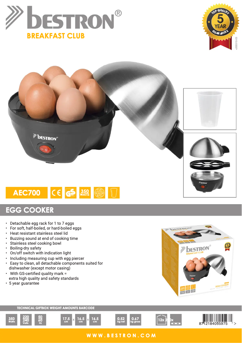 Page 1 de la notice Fiche technique Bestron AEC700